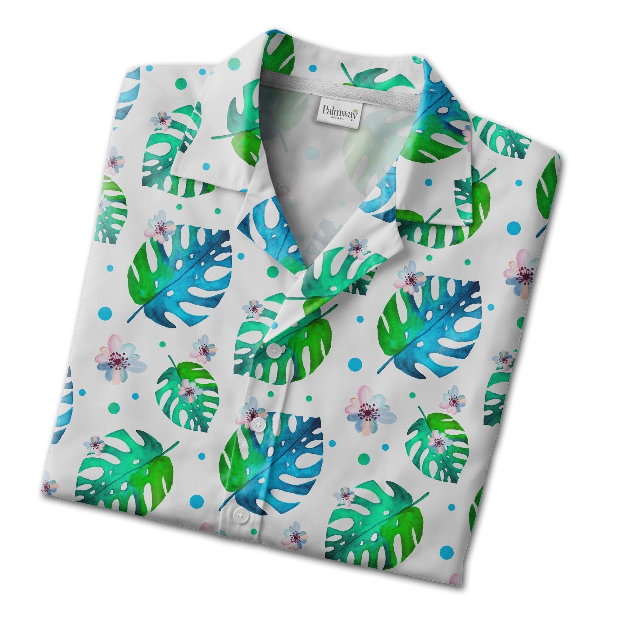 White Watercolor Monstera Hawaiian Shirt with Pink Blue Gradient Flowers