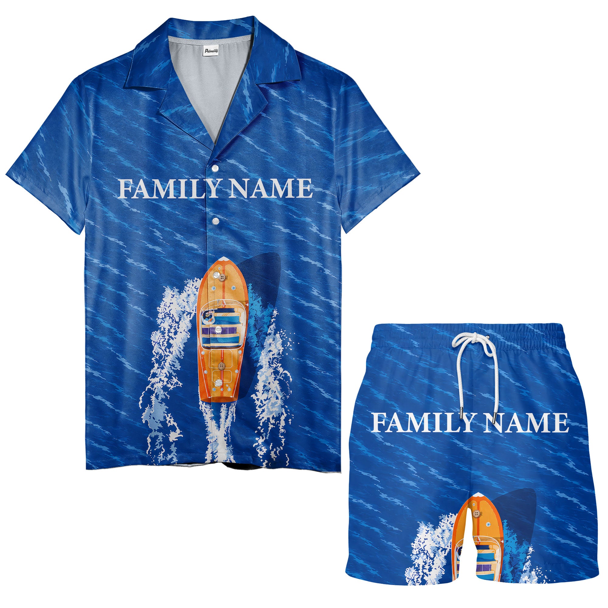 wooden speedboat racing navy blue ocean waves hawaiian shirt