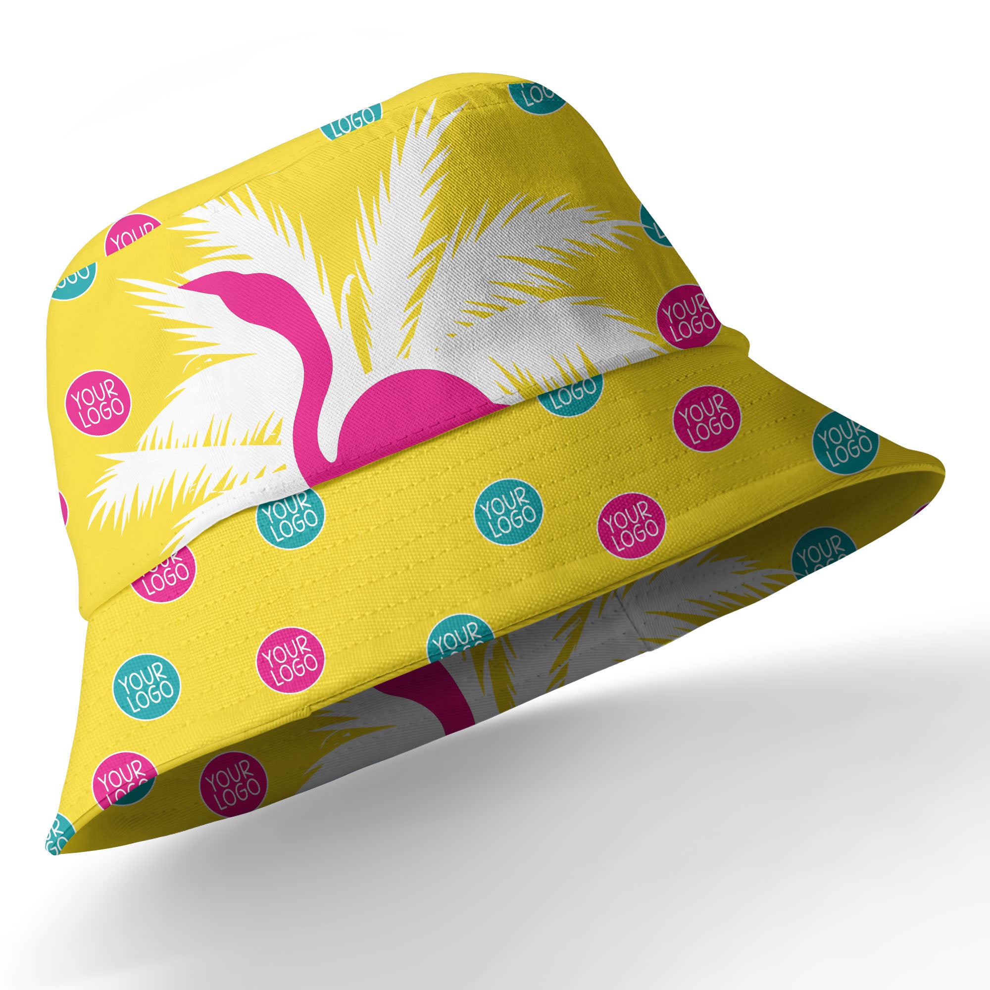 bright yellow flamingo on palm tree hawaiian shirt with custom logos