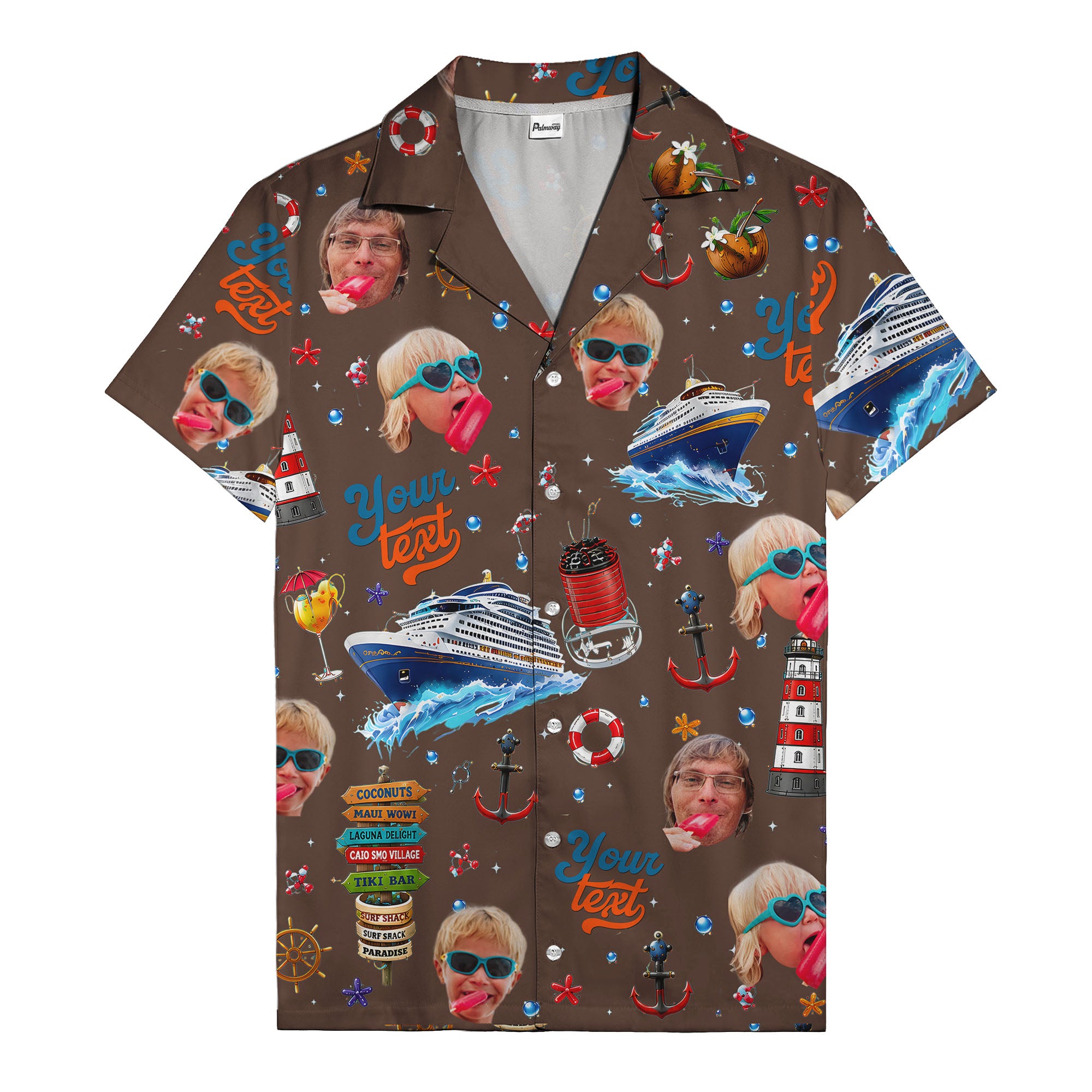 cruise ship faces & cocktail signs cartoon hawaiian shirt
