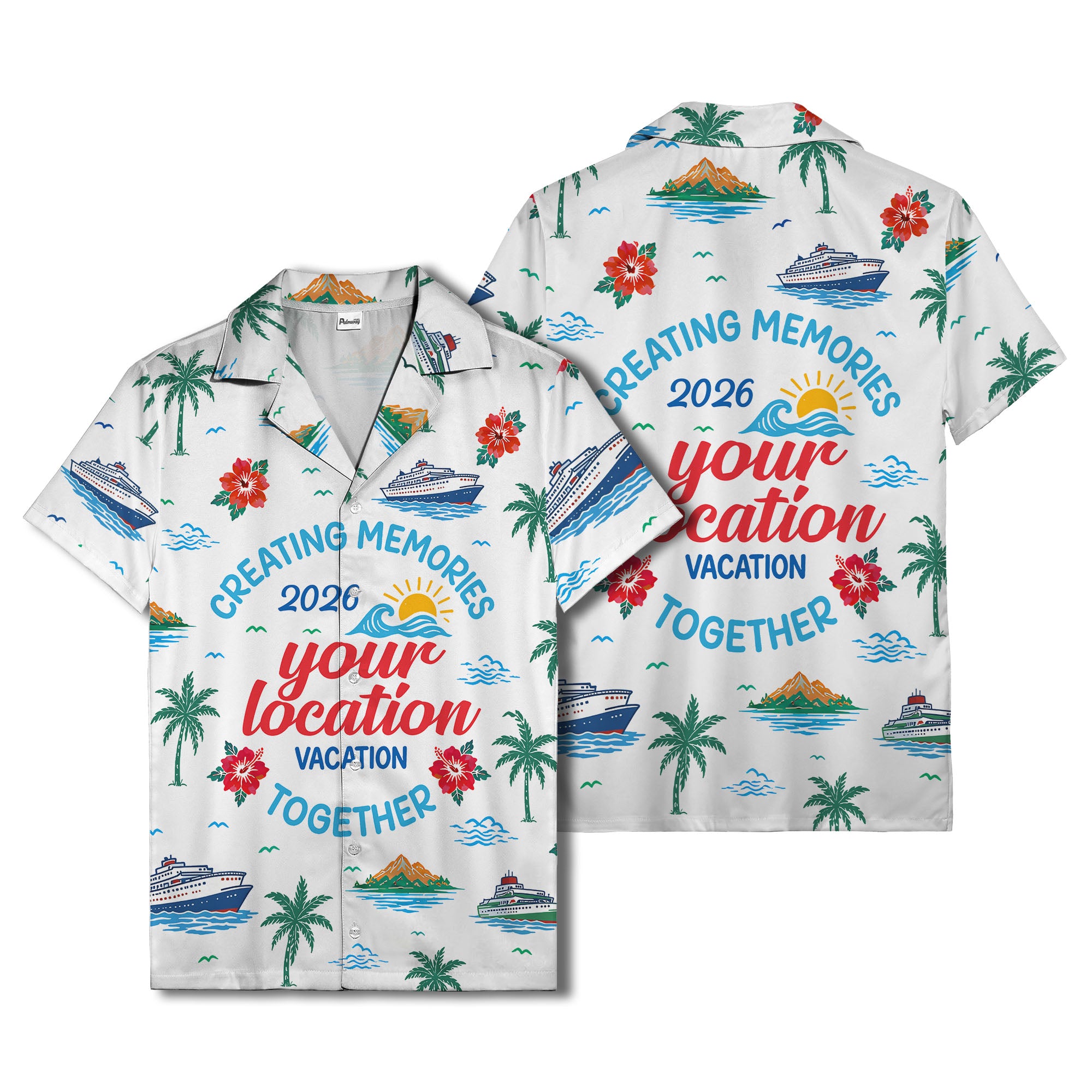 cruise ship & palm fronds watercolor vacation memories hawaiian shirt