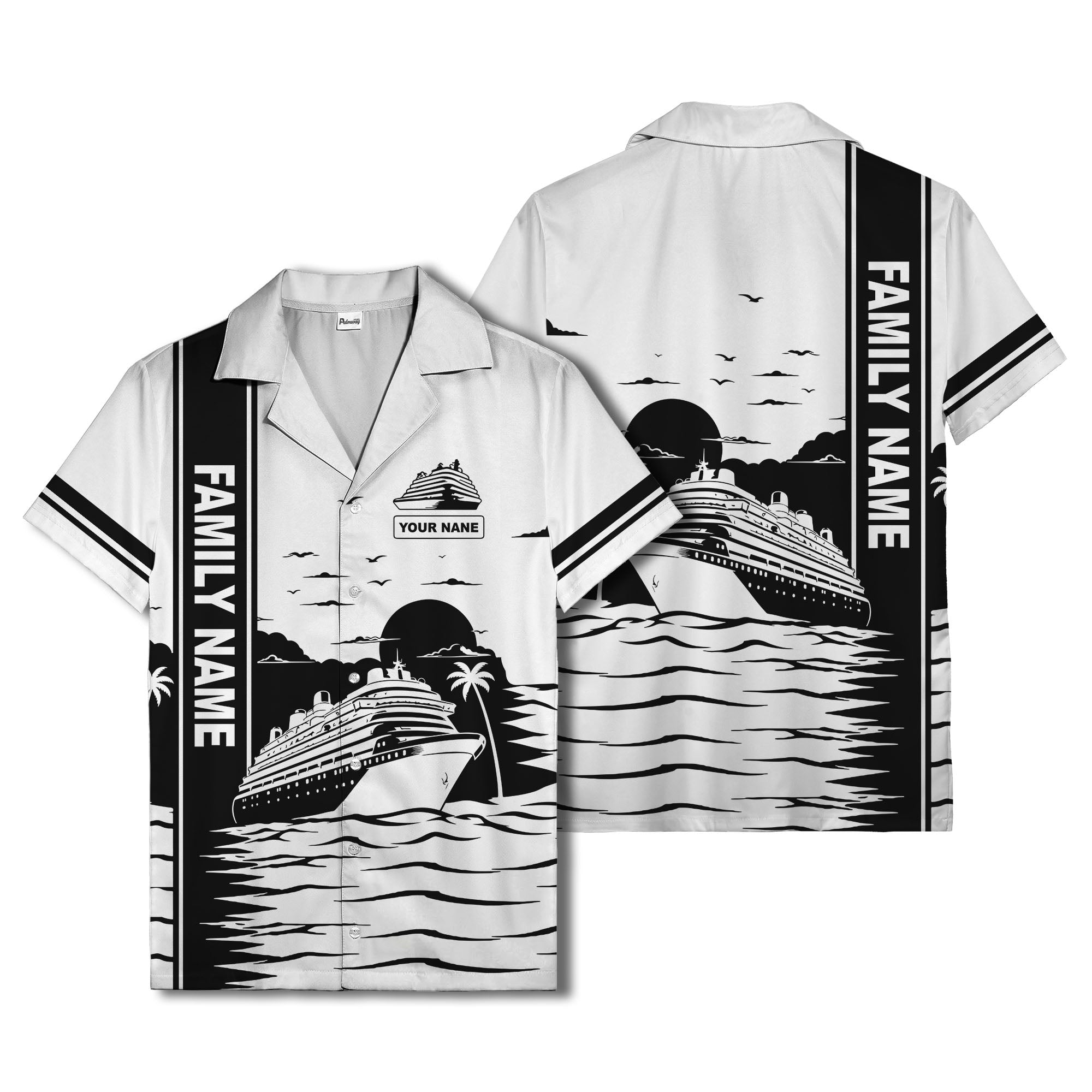 cruise ship silhouette sunset palm trees hawaiian shirt
