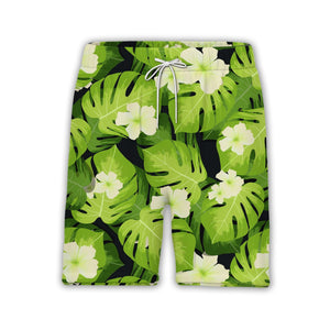 Dark Charcoal Grey Monstera Hawaiian Shirt with White Flowers and Lime Green