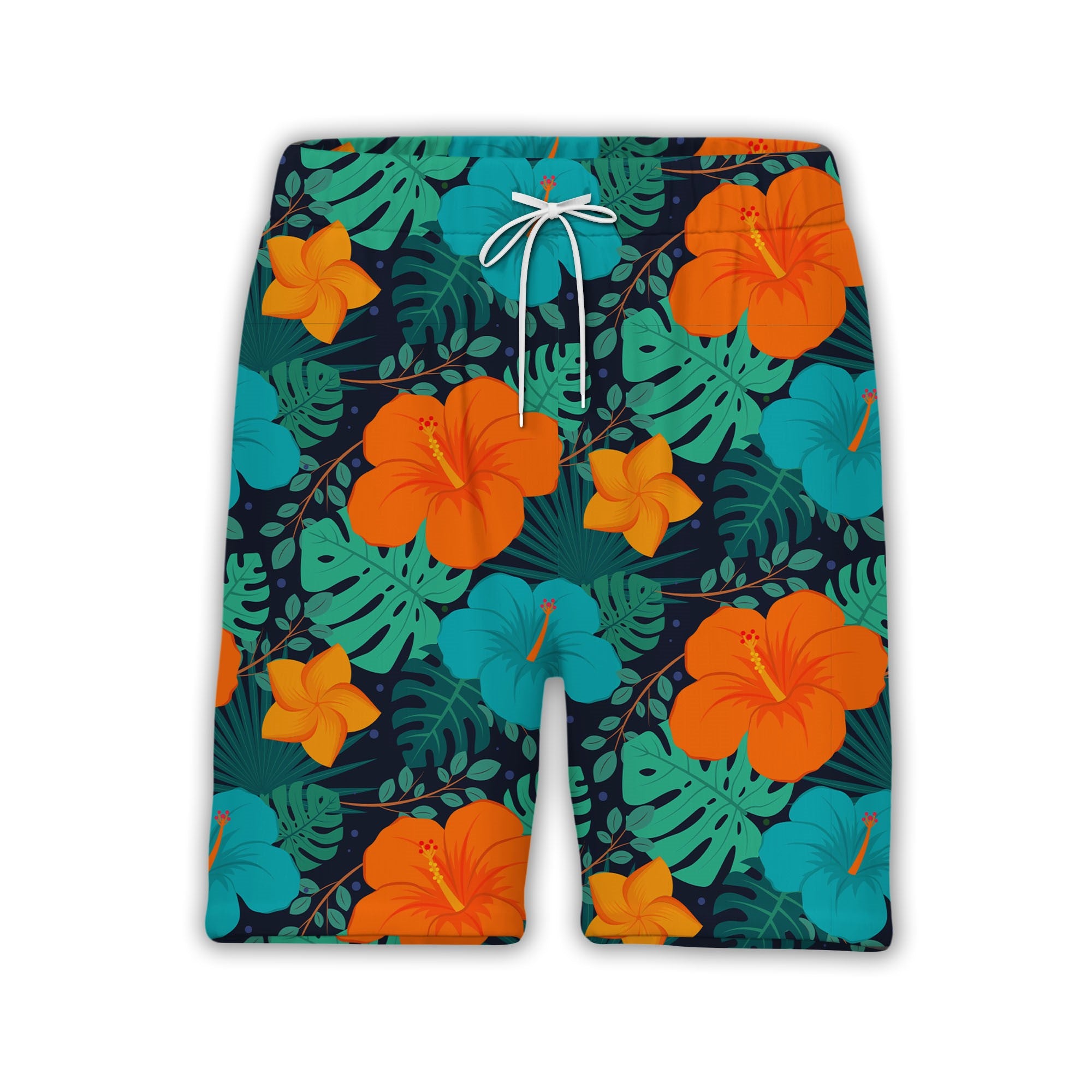 Deep Midnight Blue Vibrant Hibiscus Hawaiian Shirt with Plumeria and Fan Palm