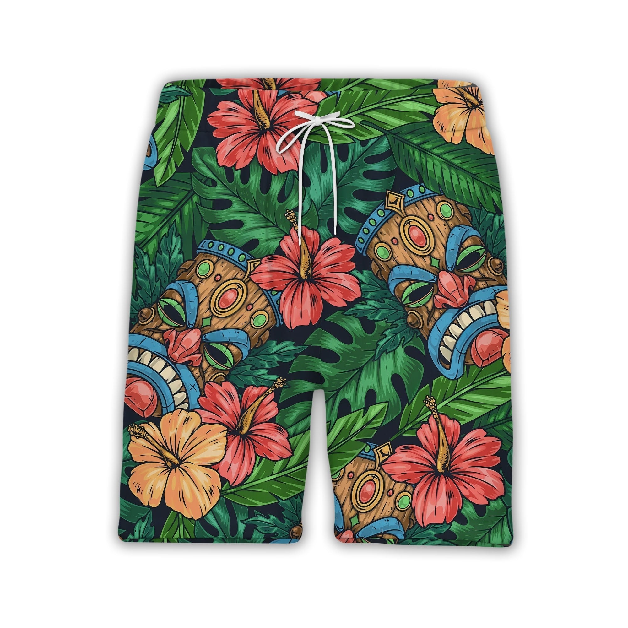 Festive Tiki Mask Hawaiian Shirt with Monstera on Navy Blue