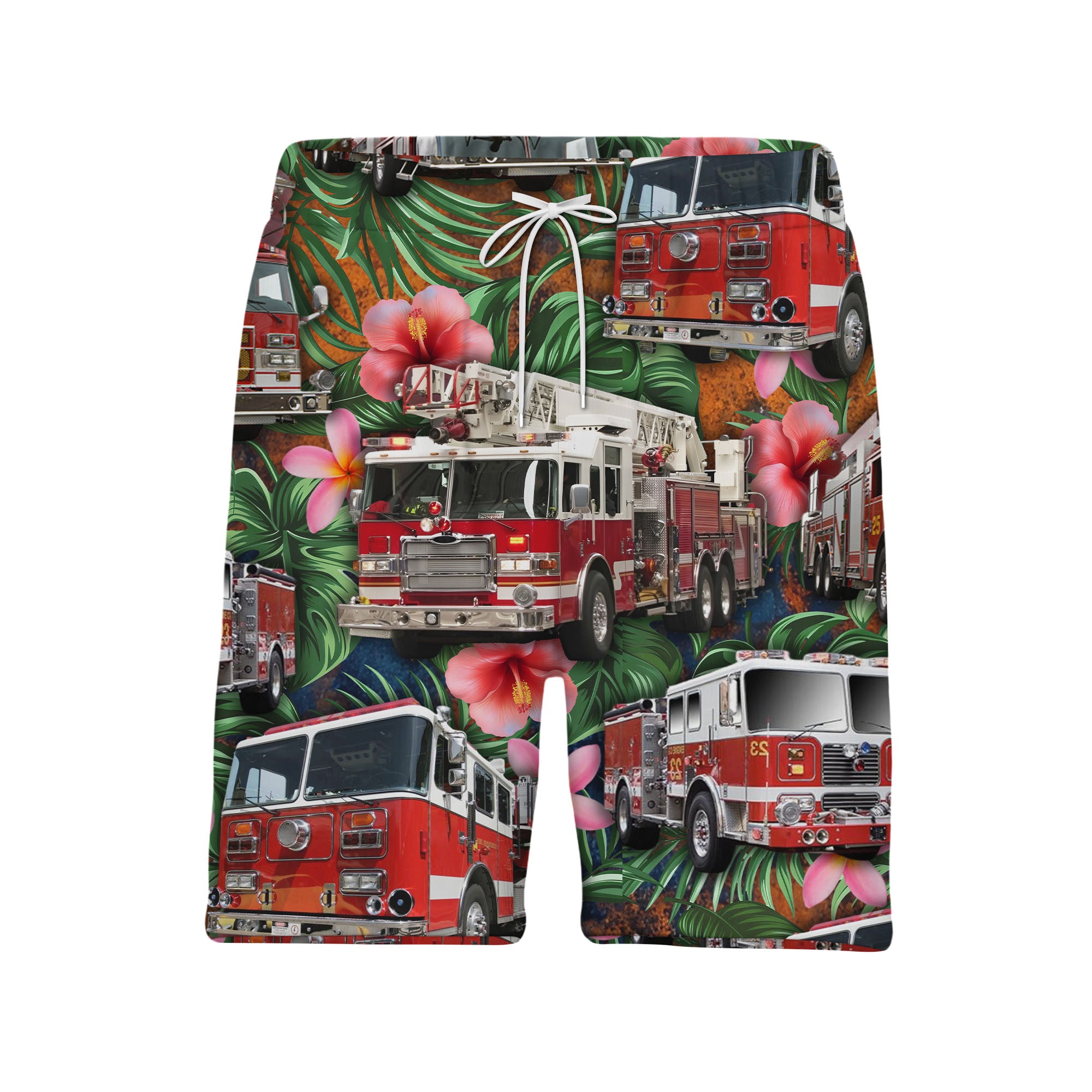 Fire Truck Surf Rescue Tropical Aloha Shirt With Palm Hibiscus For Men Hawaiian Shirt
