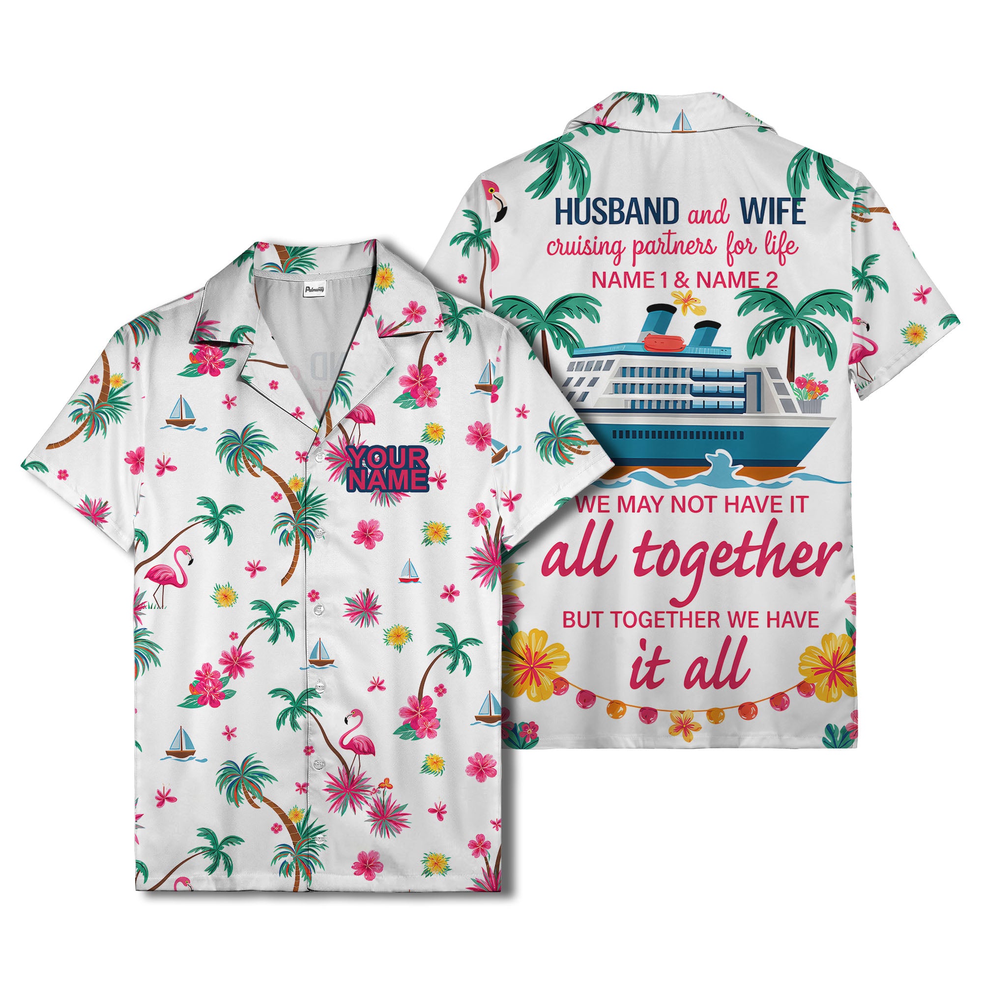 flamingo sailboat hibiscus palm watercolor hawaiian shirt