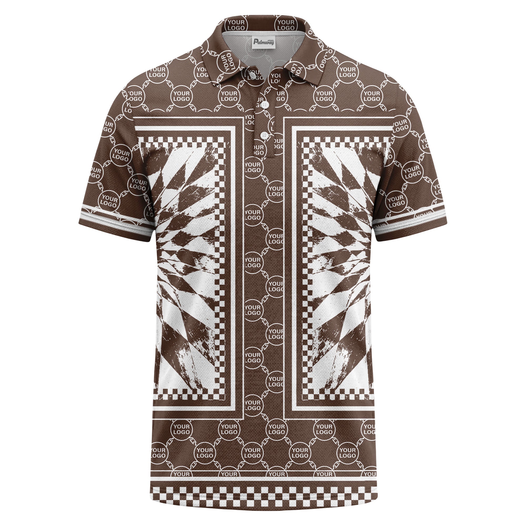 geometric palm leaves checkerboard border polo shirt