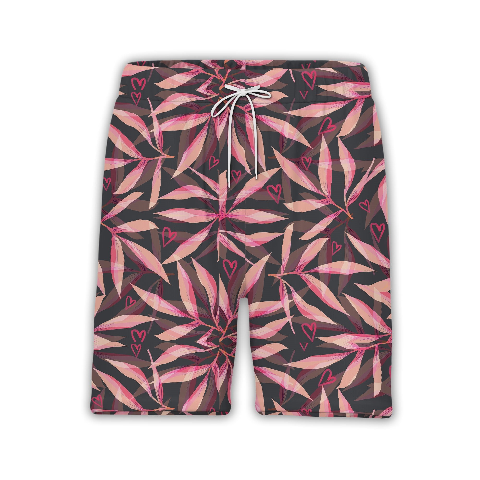 Glossy Hearts Hawaiian Shirt in Bright Pink and Red on Black Background