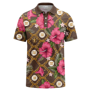 gold chain & pink hibiscus luxury illustrated polo shirt for men