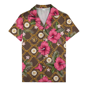 gold chain & pink hibiscus watercolor hawaiian shirt for men