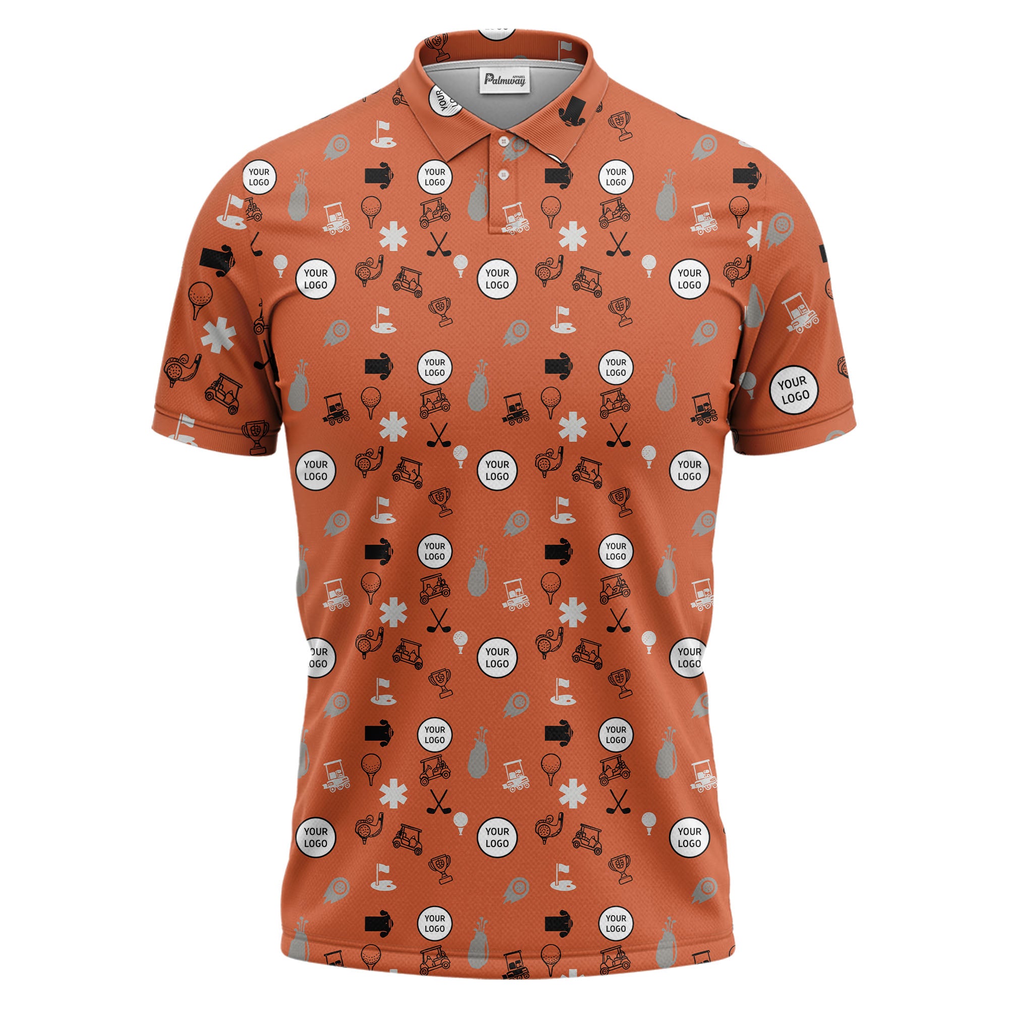 Gray Golf Course Sketch Polo Shirt With Repeating Balls Clubs Carts Trophies