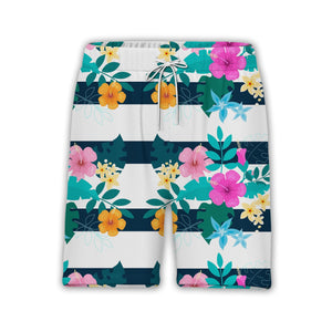 Hibiscus Floral Hawaiian Shirt on Navy White Horizontal Stripes
