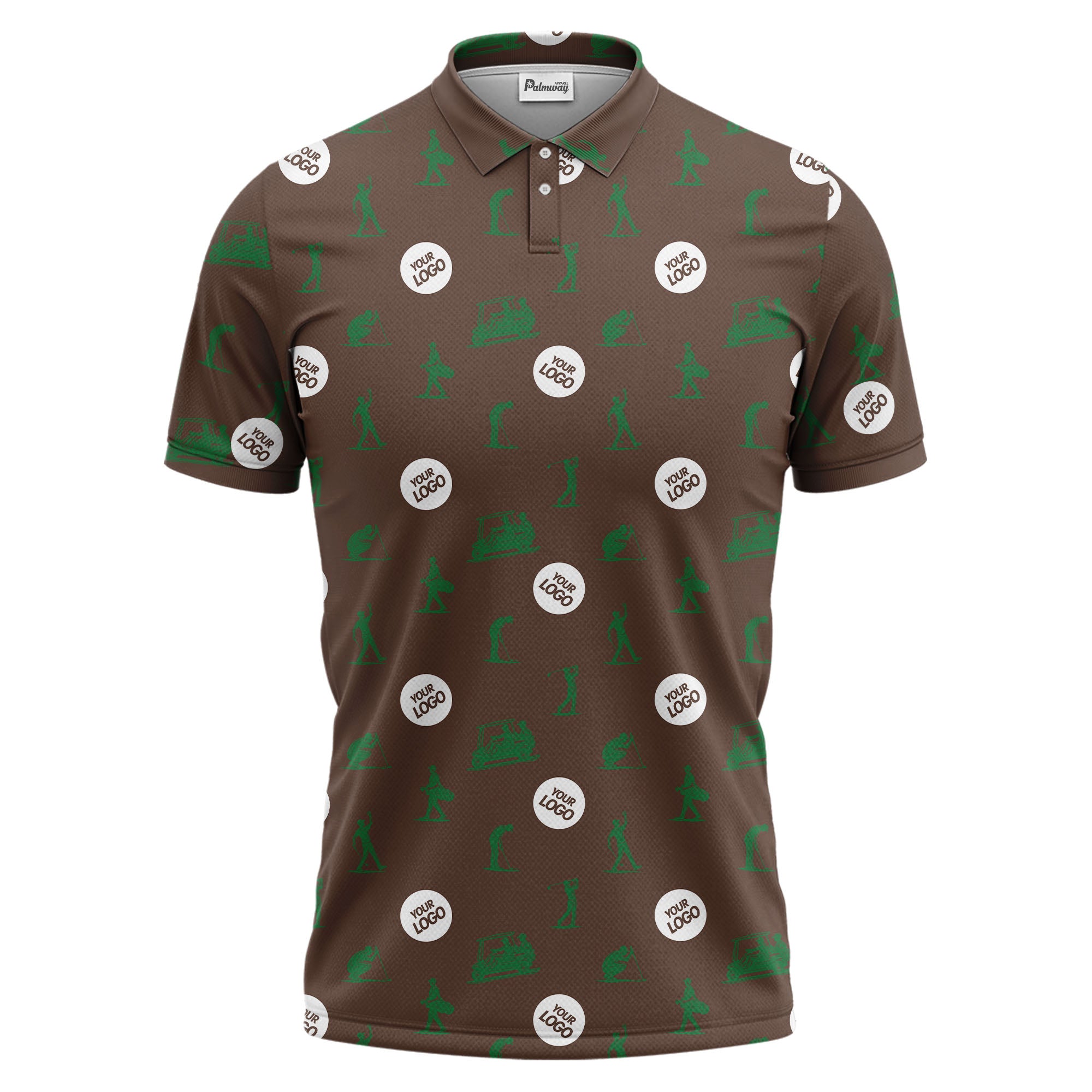 illustrated golfers golf carts repeating on green polo shirt for weekend fairway fun