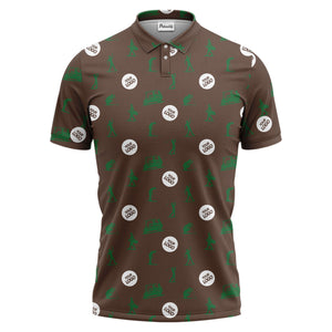 illustrated golfers golf carts repeating on green polo shirt for weekend fairway fun