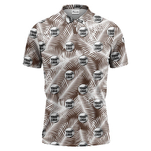 illustrated palm leaf logo repeating tropical polo shirt for men