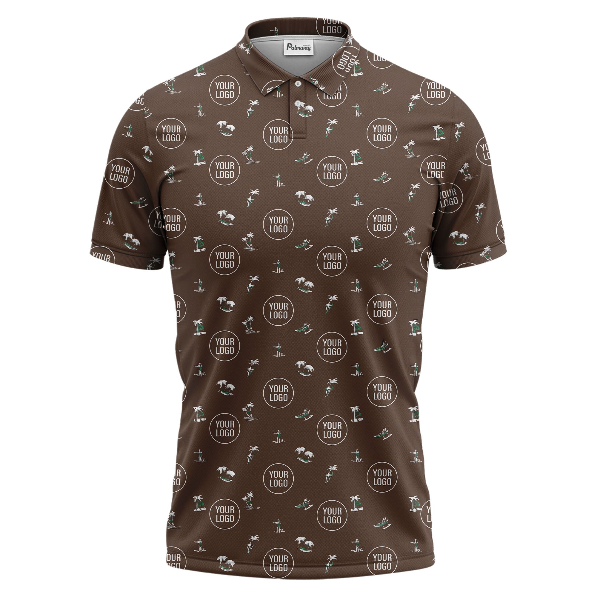 illustrated purple tropical island palm trees surfboards polo shirt for men