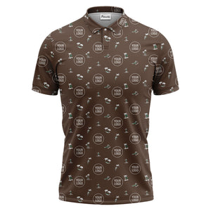 illustrated purple tropical island palm trees surfboards polo shirt for men