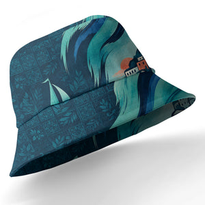 illustrated sailboat sunset & coastal village waves hawaiian shirt