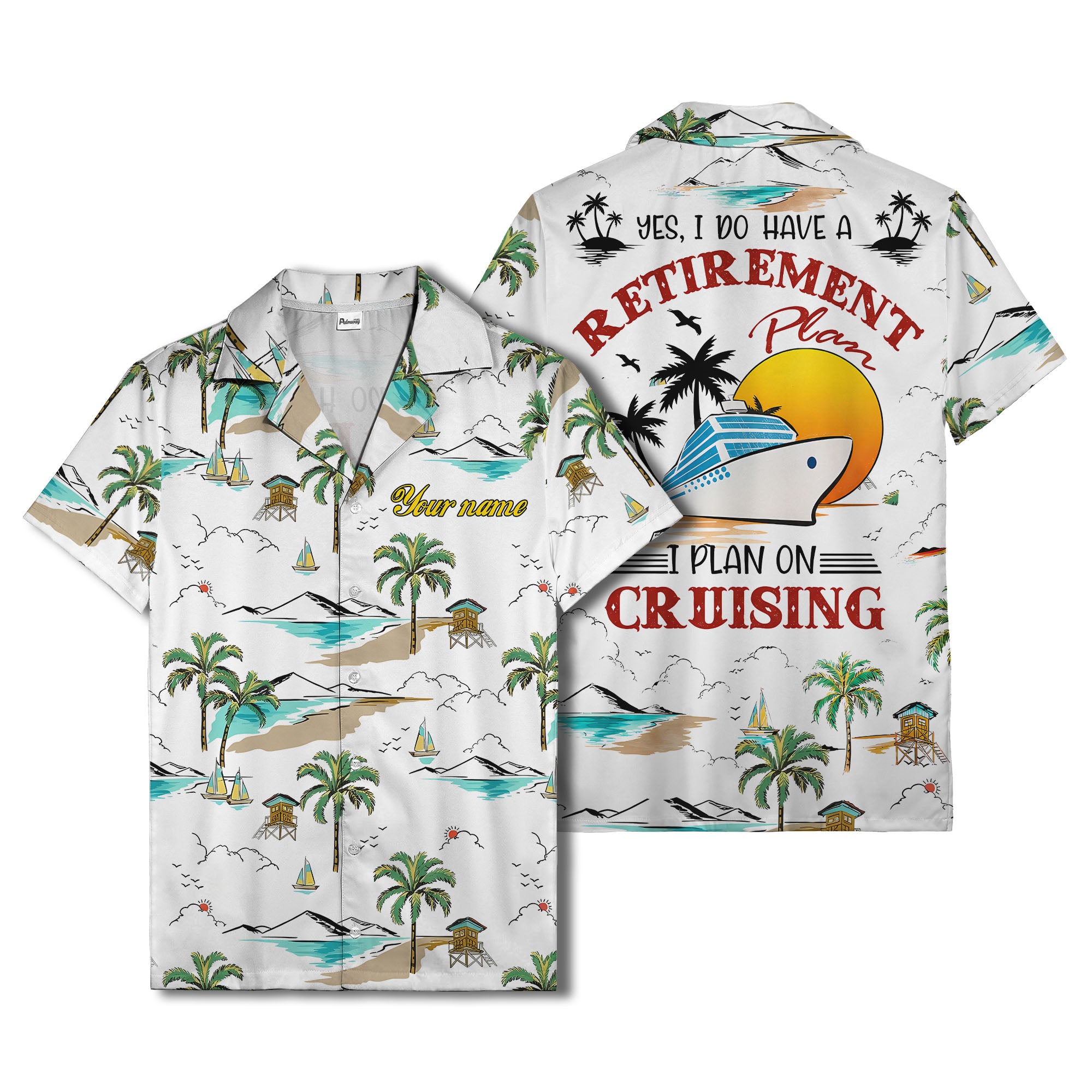 island paradise palm trees & sailboats sunset hawaiian shirt