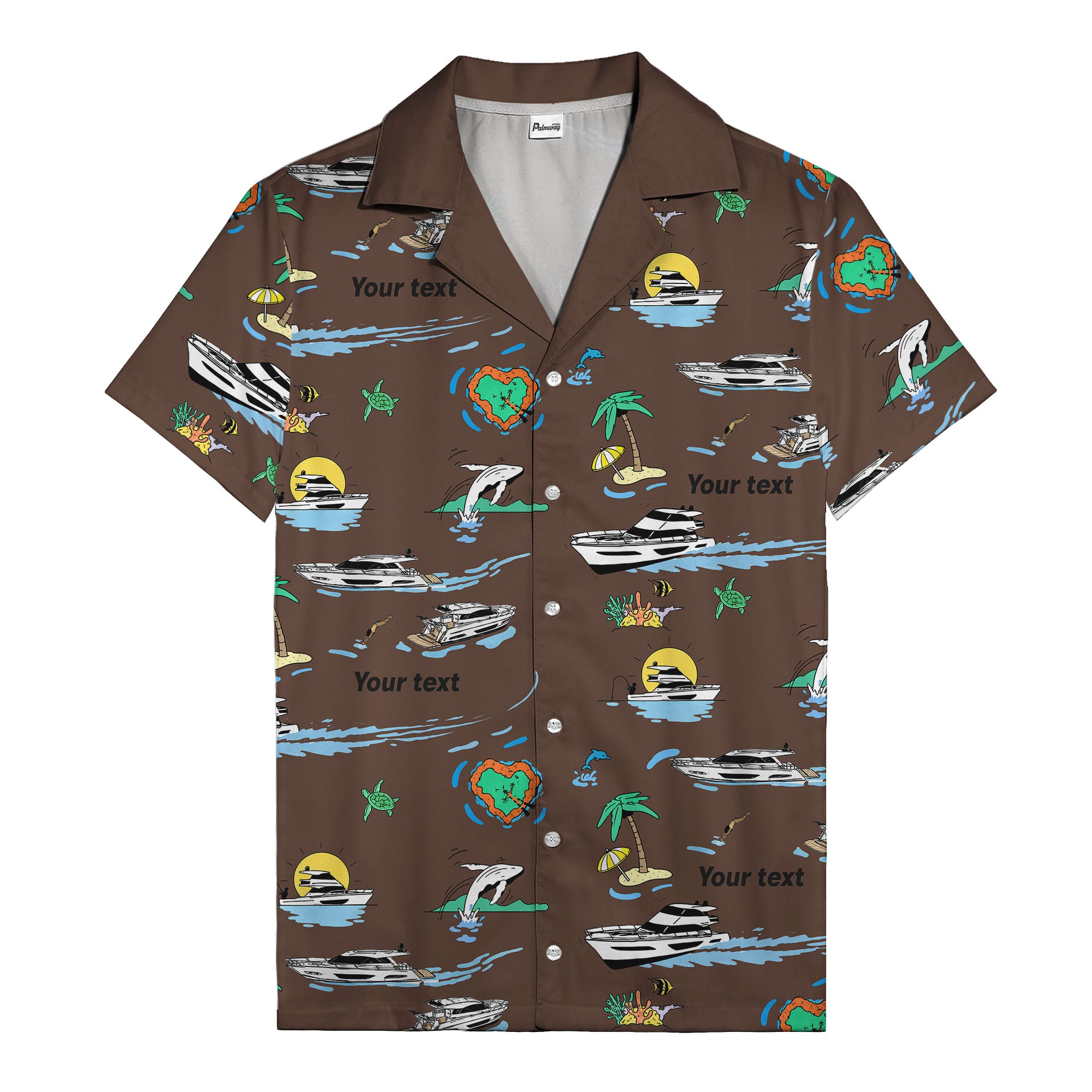 luxury yacht & heart-shaped island cartoon hawaiian shirt