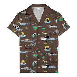 luxury yacht & heart-shaped island cartoon hawaiian shirt
