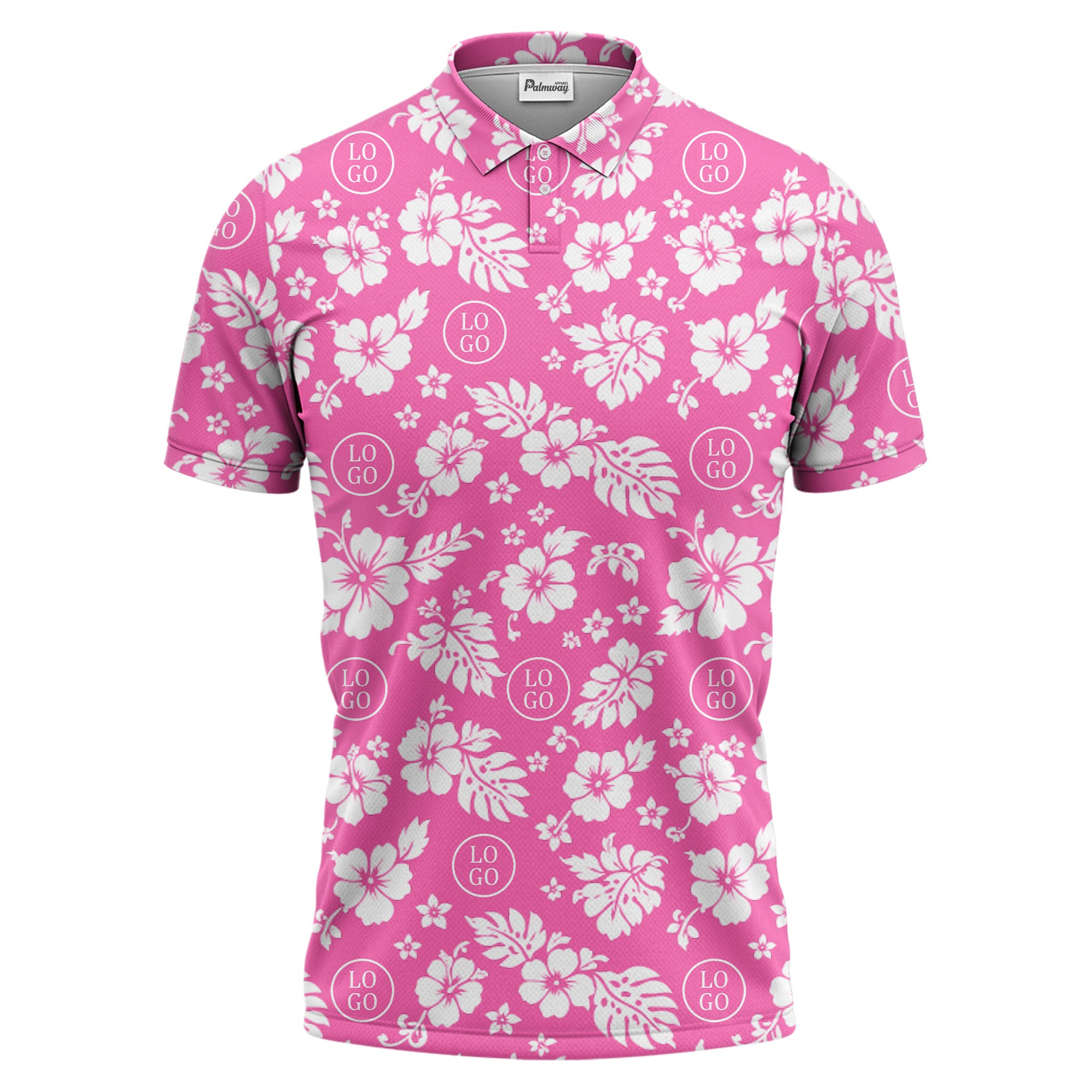 monochrome hawaiian hibiscus flowers & leaves repeat pattern polo shirt