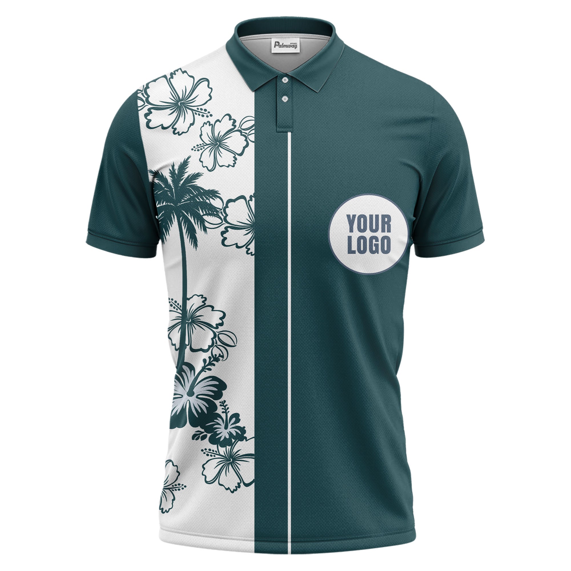 monochrome palm trees & hibiscus hawaiian design polo shirt for men