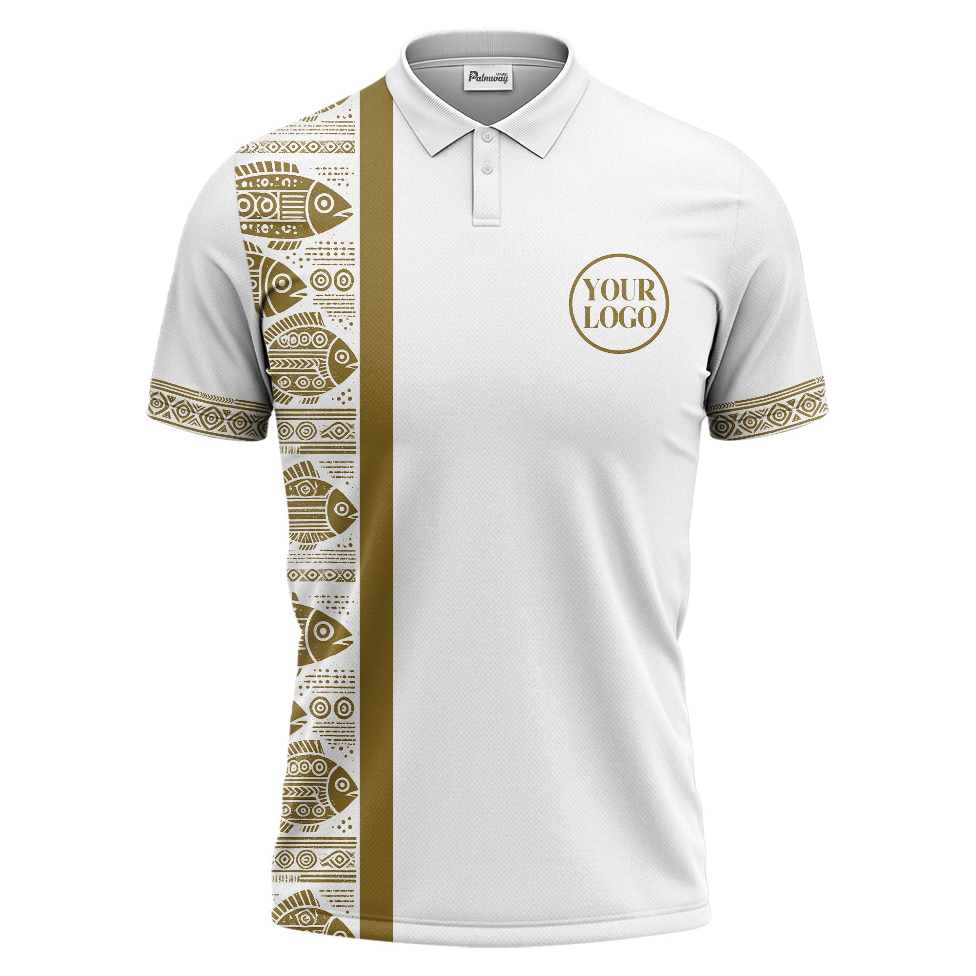 monochrome tribal fish & geometric borders patterned polo shirt for men