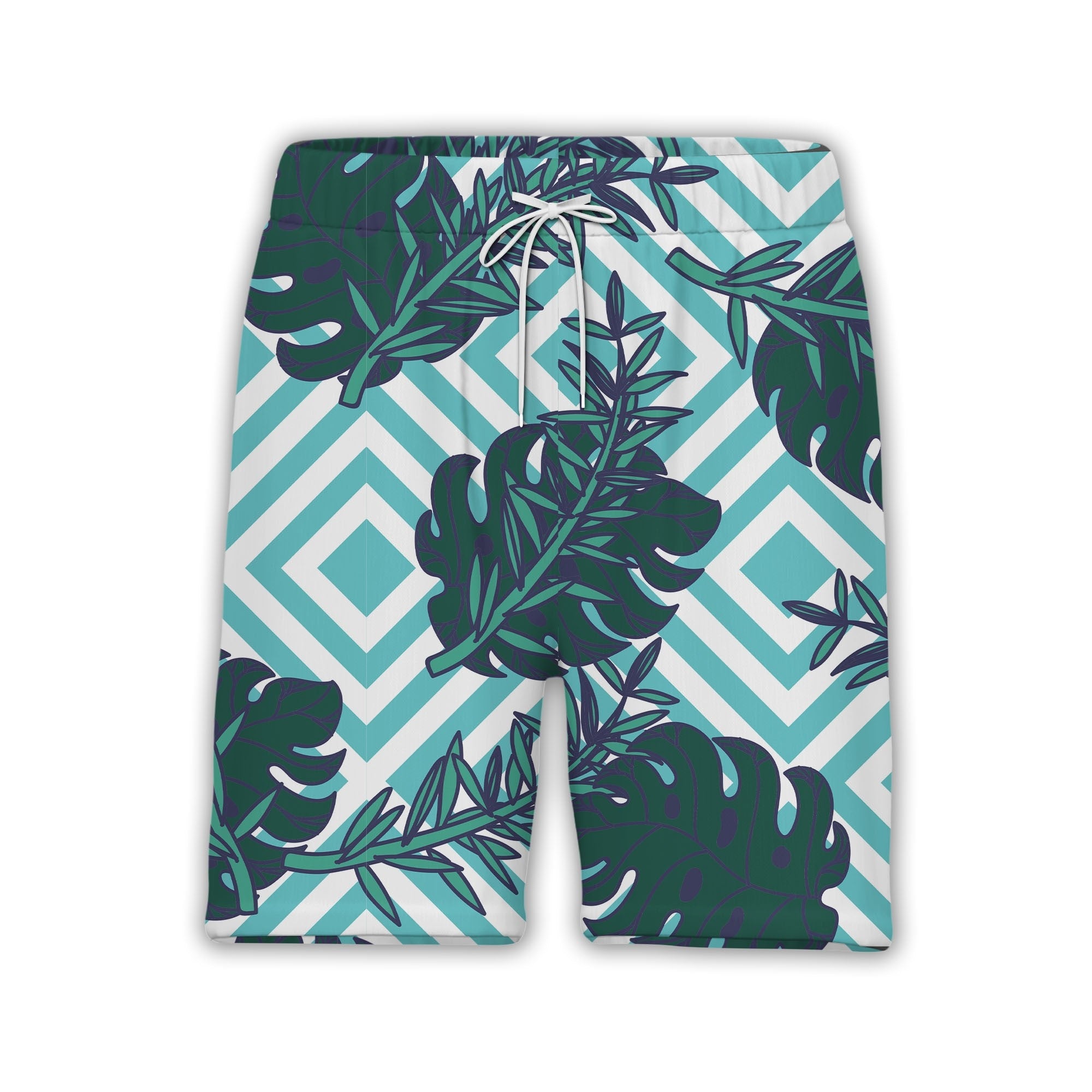 Monstera Leaf Hawaiian Shirt on Aqua White Diagonal Stripes