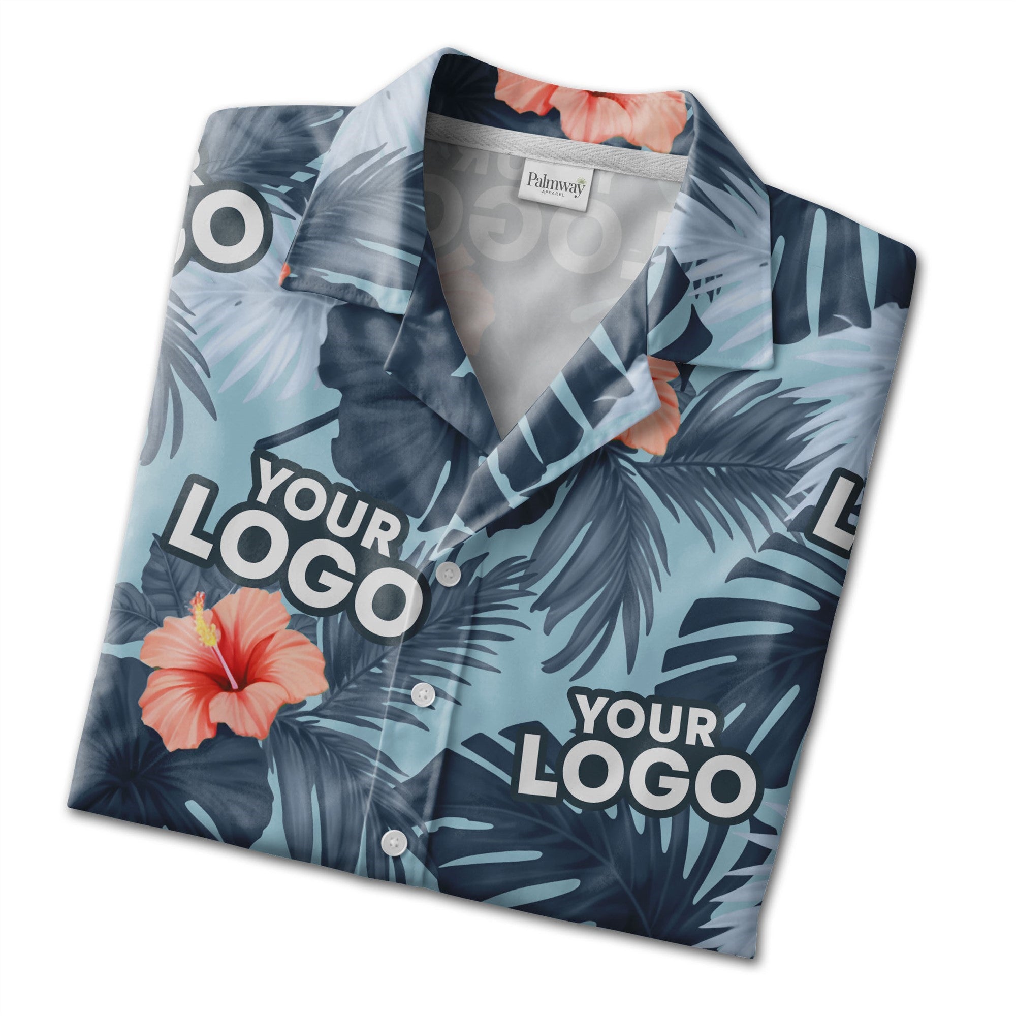 Navy Blue Corporate Hawaiian Shirt with Hibiscus and Custom Logo Space