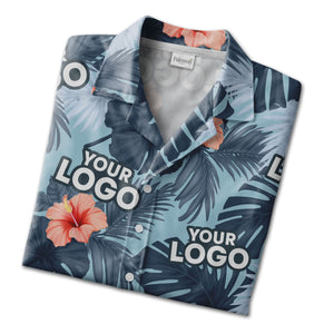 Navy Blue Corporate Hawaiian Shirt with Hibiscus and Custom Logo Space