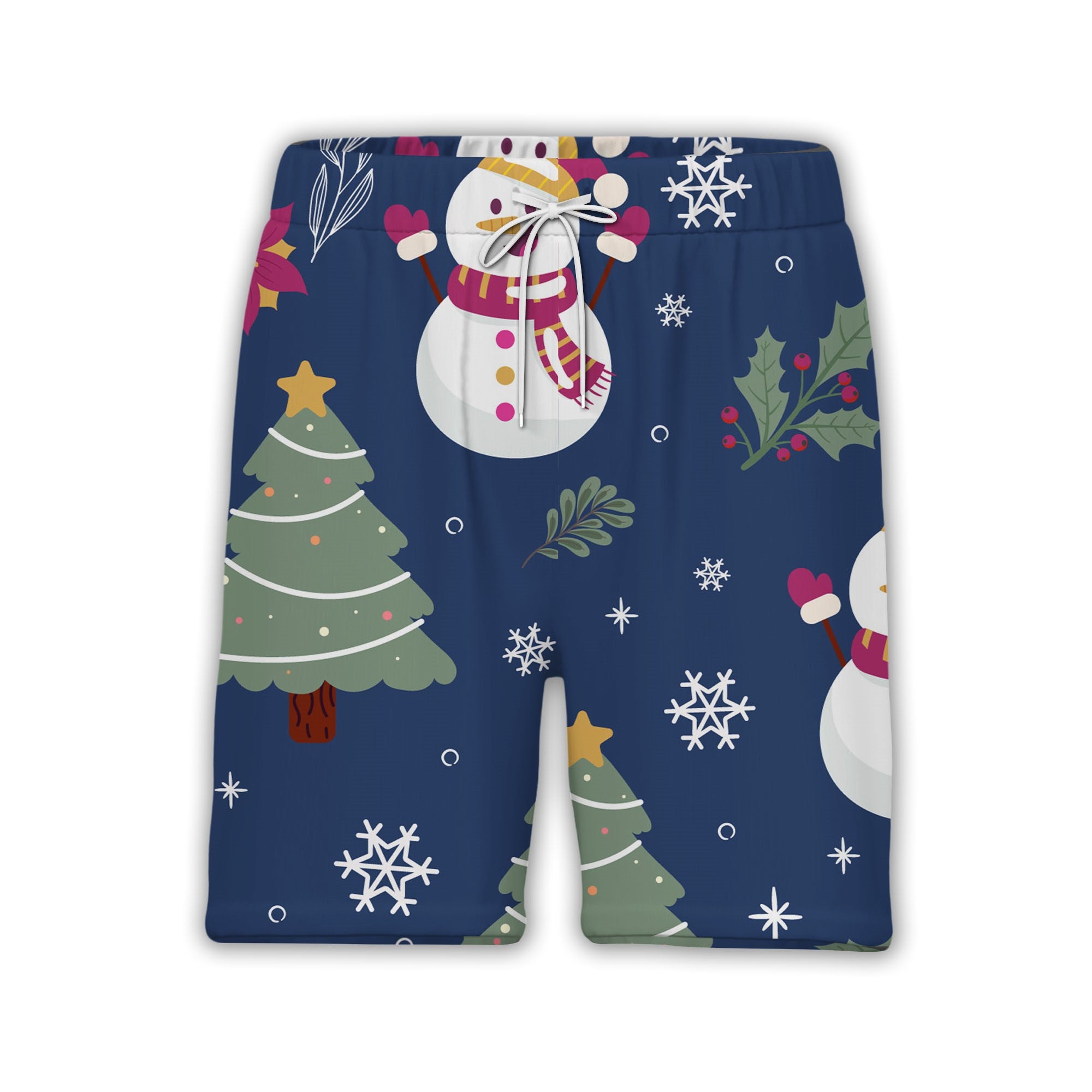 Navy Blue Snowman Holiday Hawaiian Shirt with Poinsettia Holly Pattern