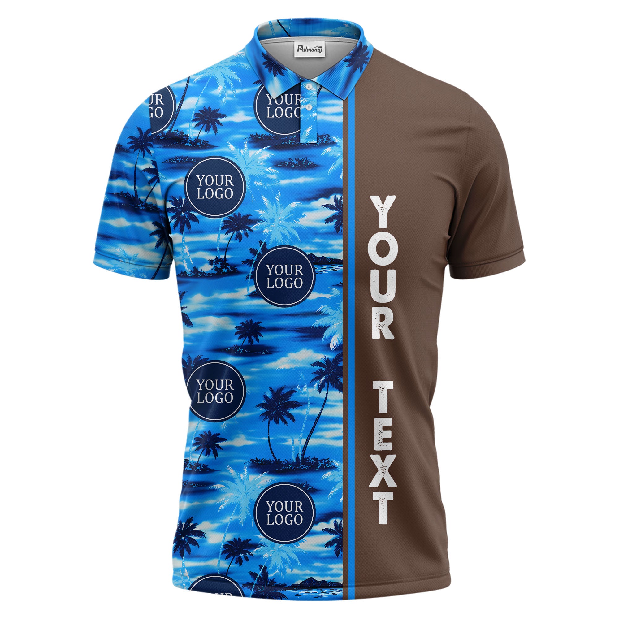 oceanic palm trees & circular logo repeat navy blue tropical beach polo shirt