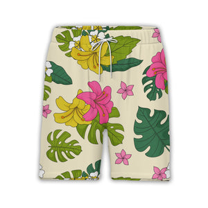 Pale Beige Hand-Drawn Monstera Hawaiian Shirt with Large Yellow Pink Flowers
