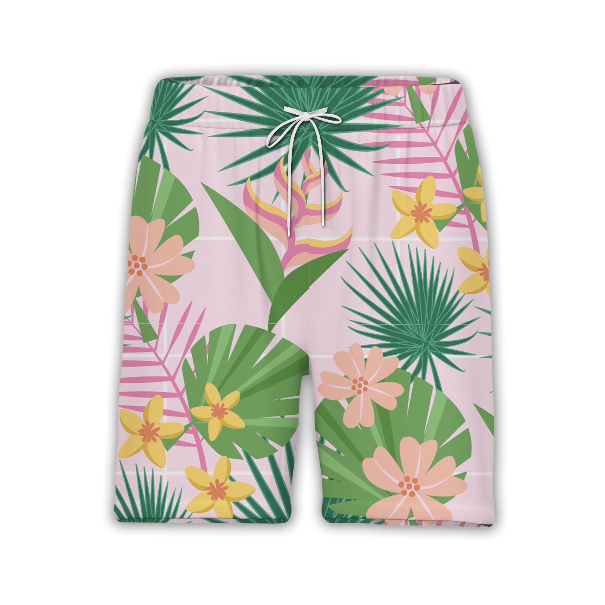 Pale Pink Grid Monstera Heliconia Hawaiian Shirt with Fan Palm and Fern