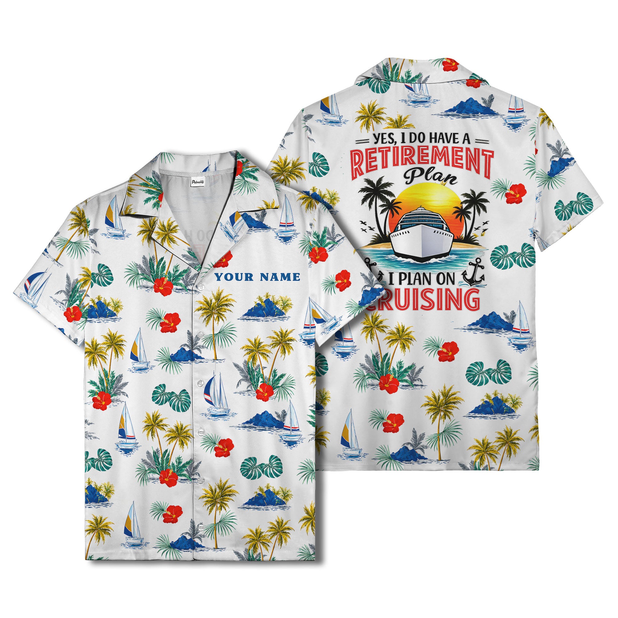 palm trees sailboats hibiscus island paradise hawaiian shirt