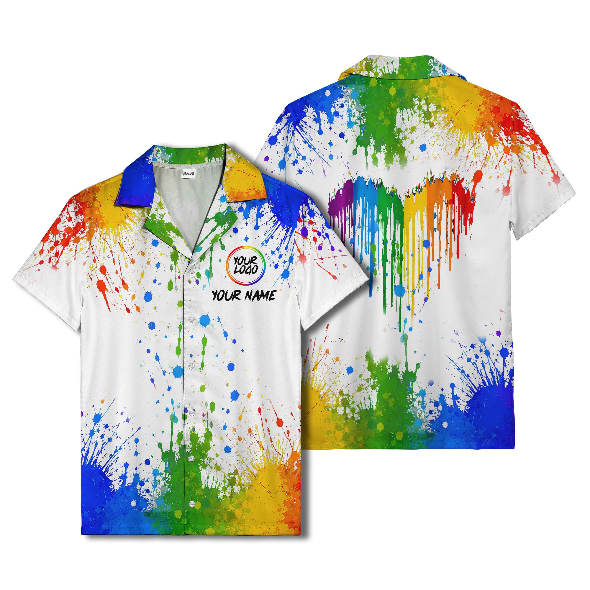 rainbow paint splatter abstract art hawaiian shirt with customizable name