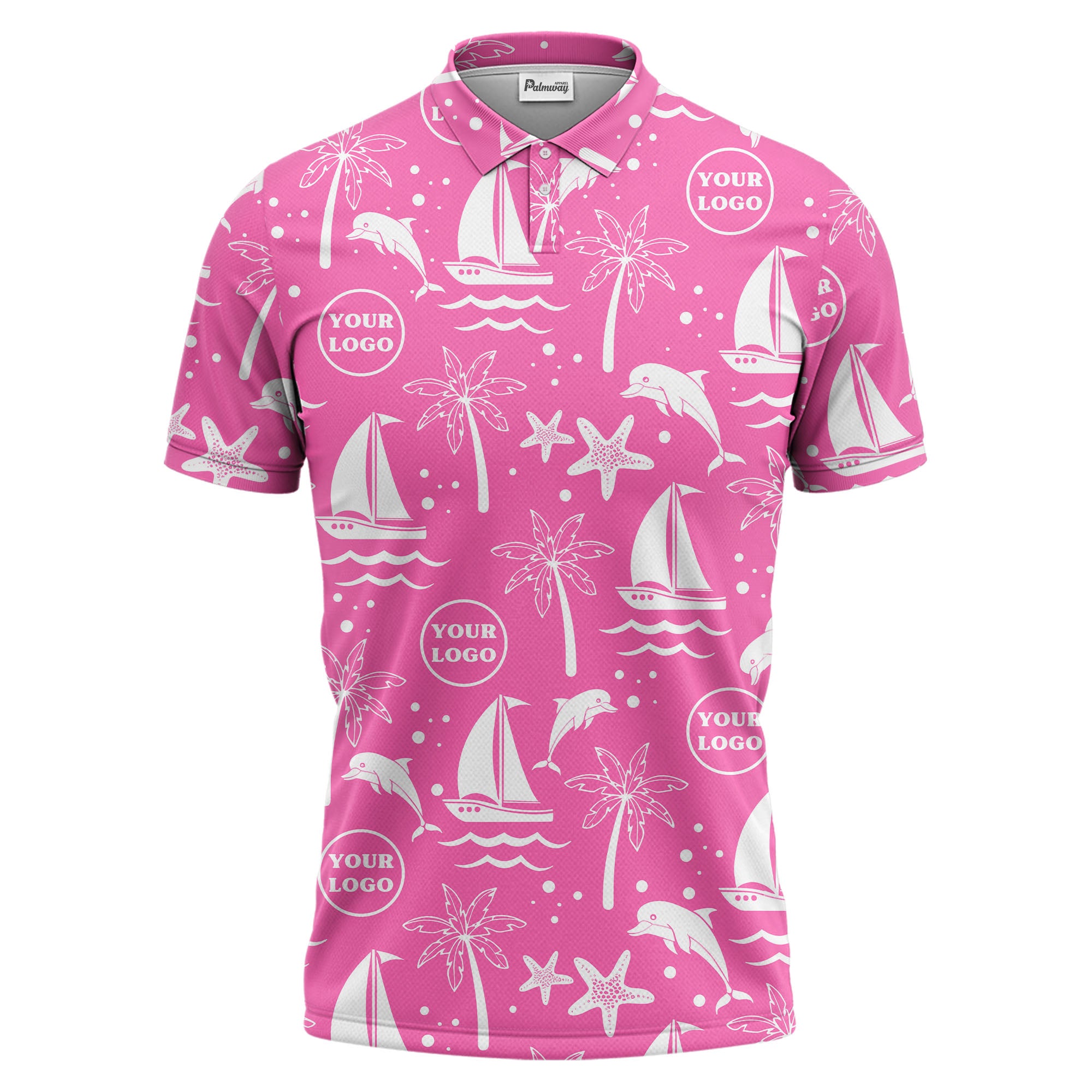 sailboats dolphins palm trees starfish repeat pattern black white polo shirt
