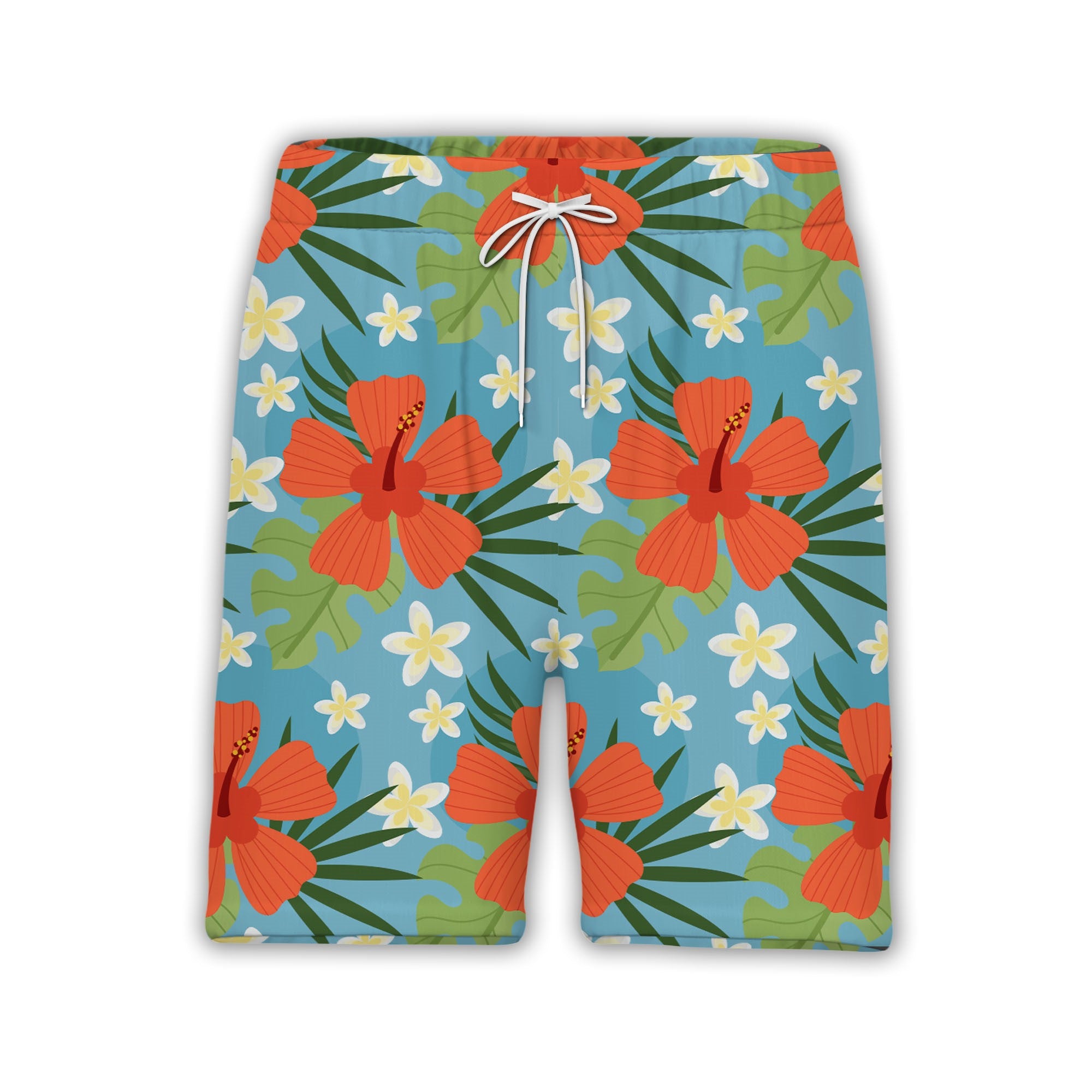 Sky Blue Curved Shape Hibiscus Hawaiian Shirt with Plumeria and Palm Fronds