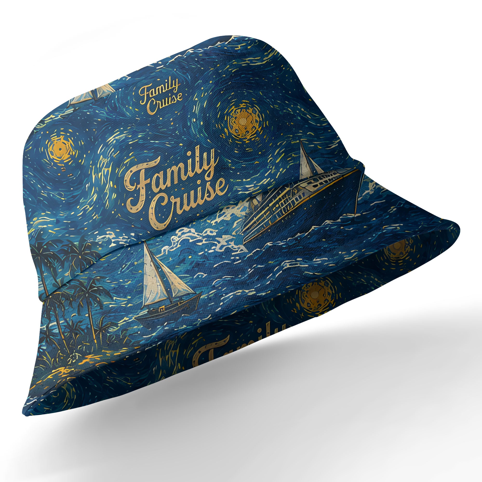 starry night sailboats & cruise ships palm tree hawaiian shirt