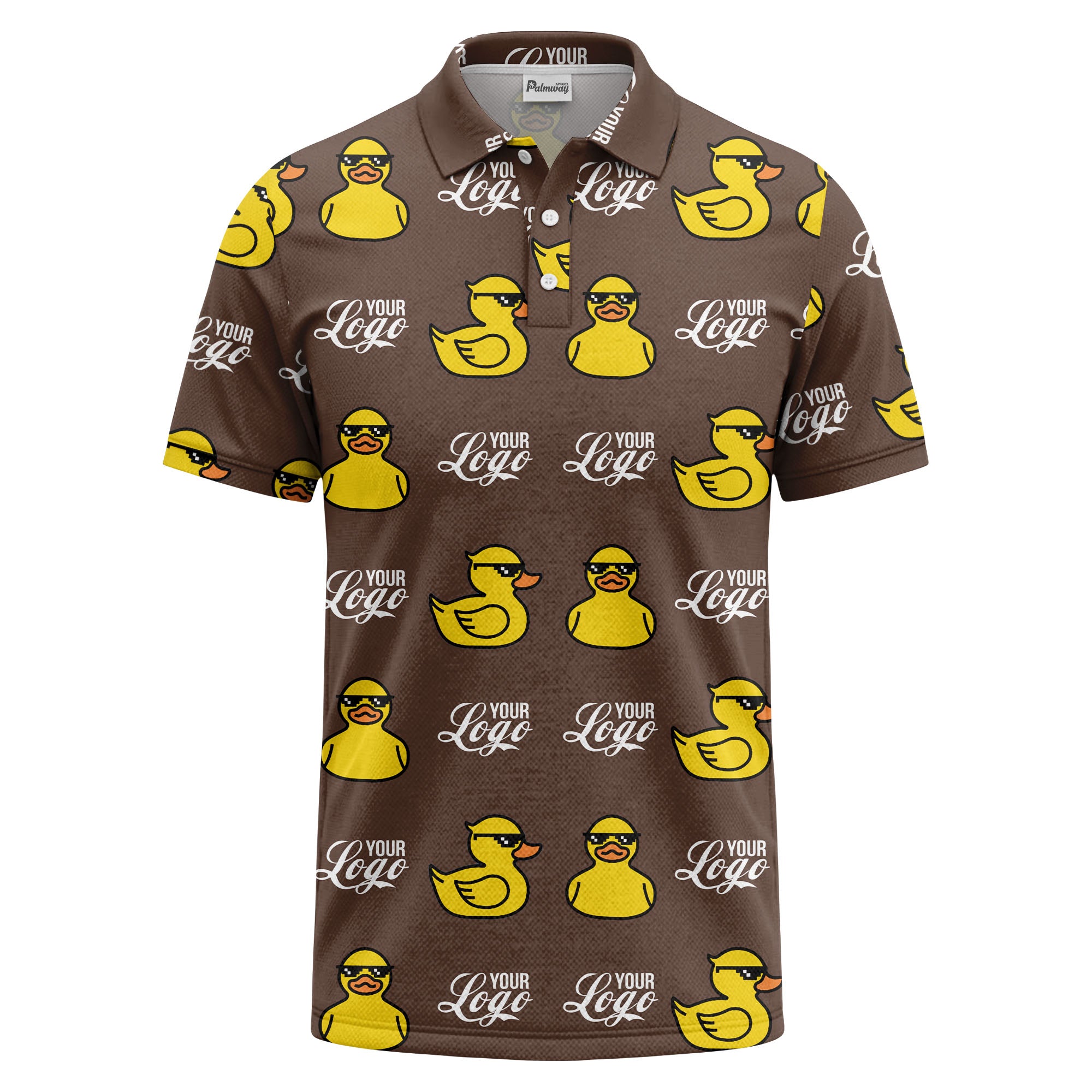 sunglasses rubber duck repeat pattern black yellow fun cartoon golf polo shirt