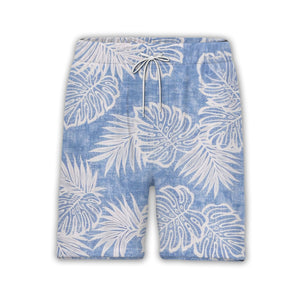 Textured blue Hawaiian shirt with monstera leaves and palm fronds in white outline art