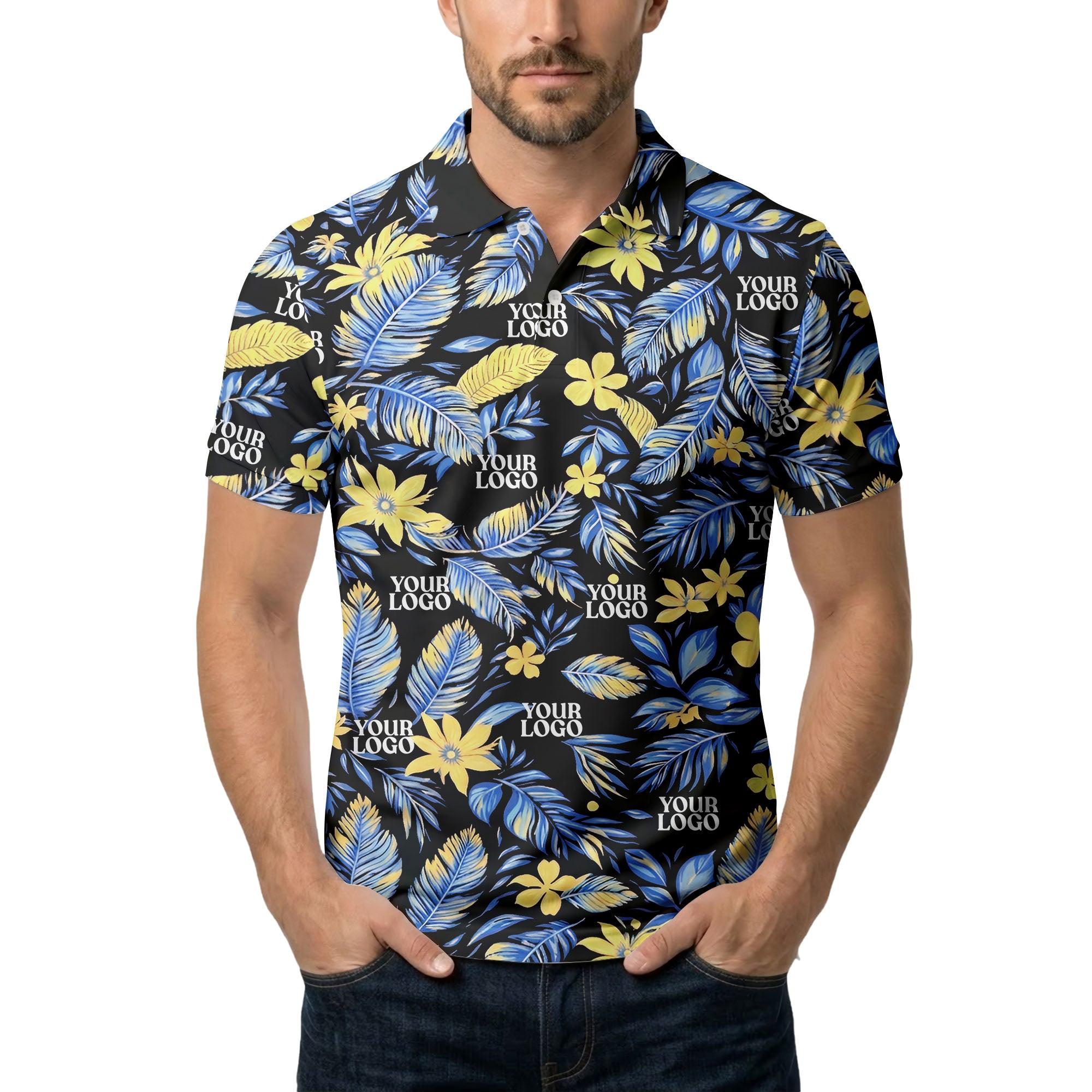 tropical floral hawaiian paradise flowers leaves plants black yellow blue green illustrated polo shi polo shirt