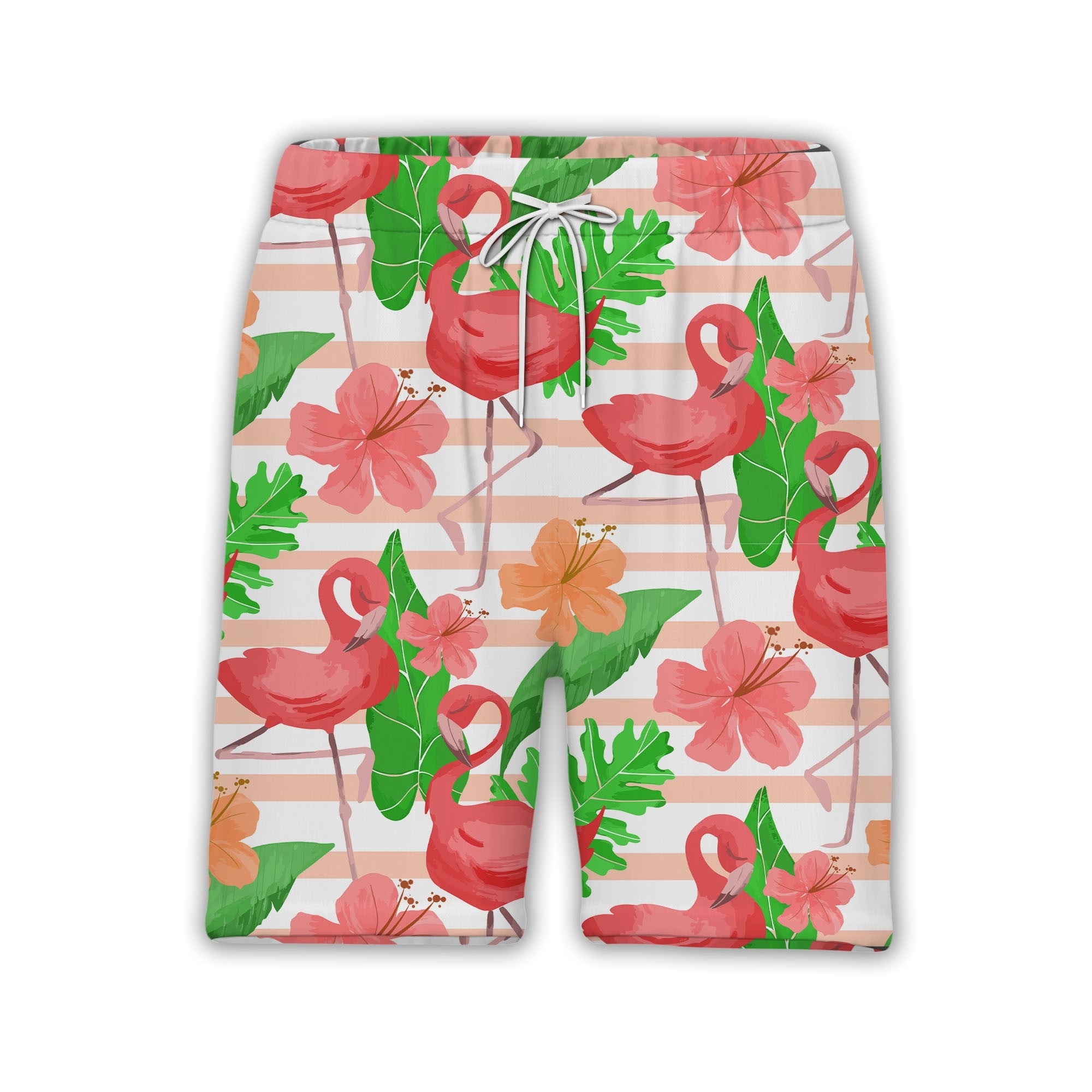 Watercolor Flamingo and Hibiscus Hawaiian Shirt Pink Stripes