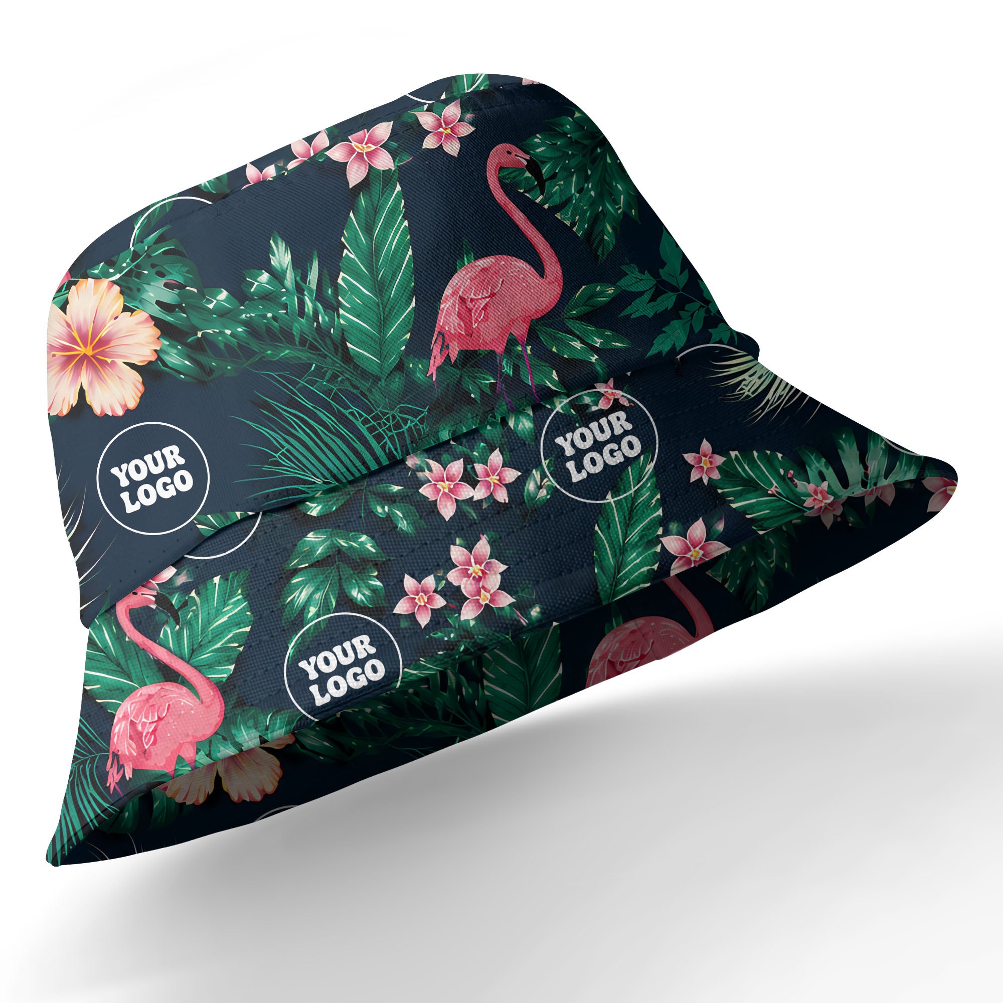 watercolor flamingos among palm leaves & hibiscus navy hawaiian shirt