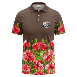 watercolor hibiscus & emerald leaf tropical polo shirt for men