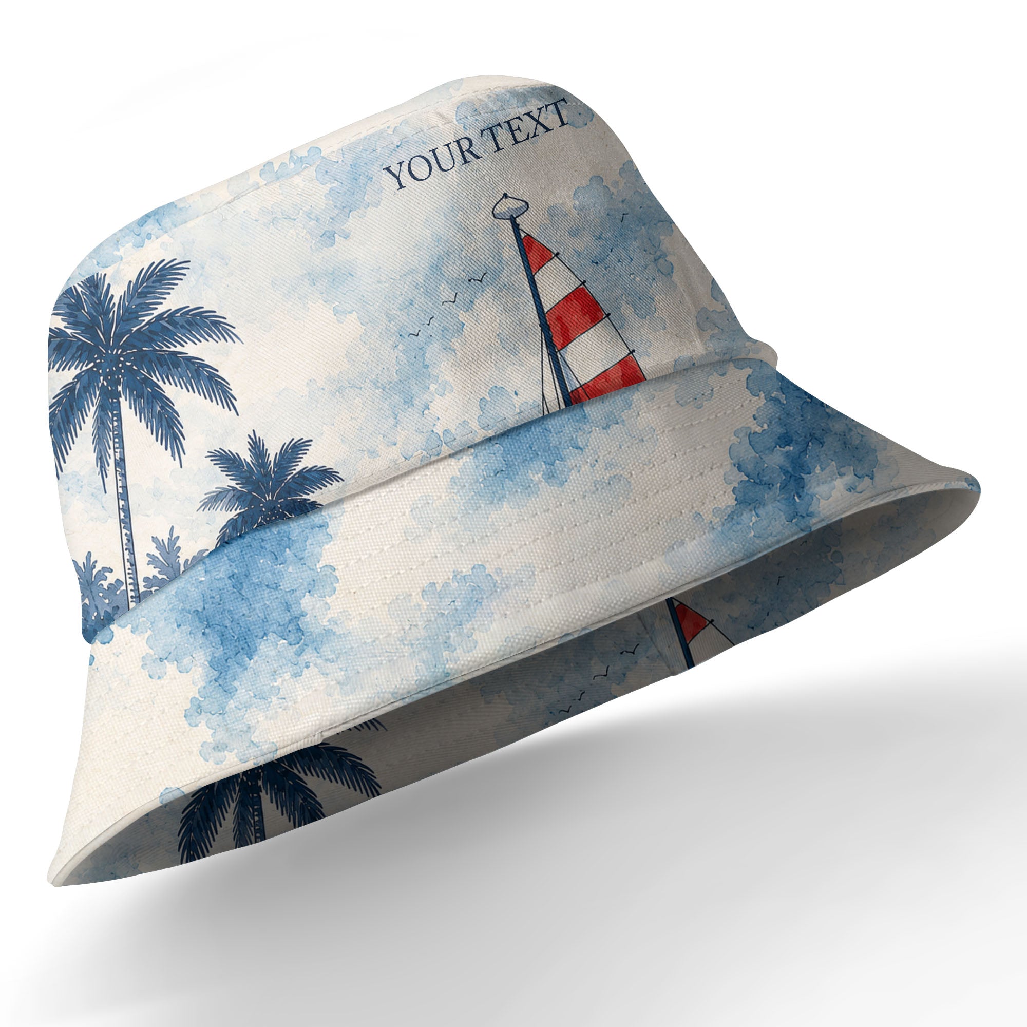 watercolor sailboats & palm trees beach scene navy hawaiian shirt for men
