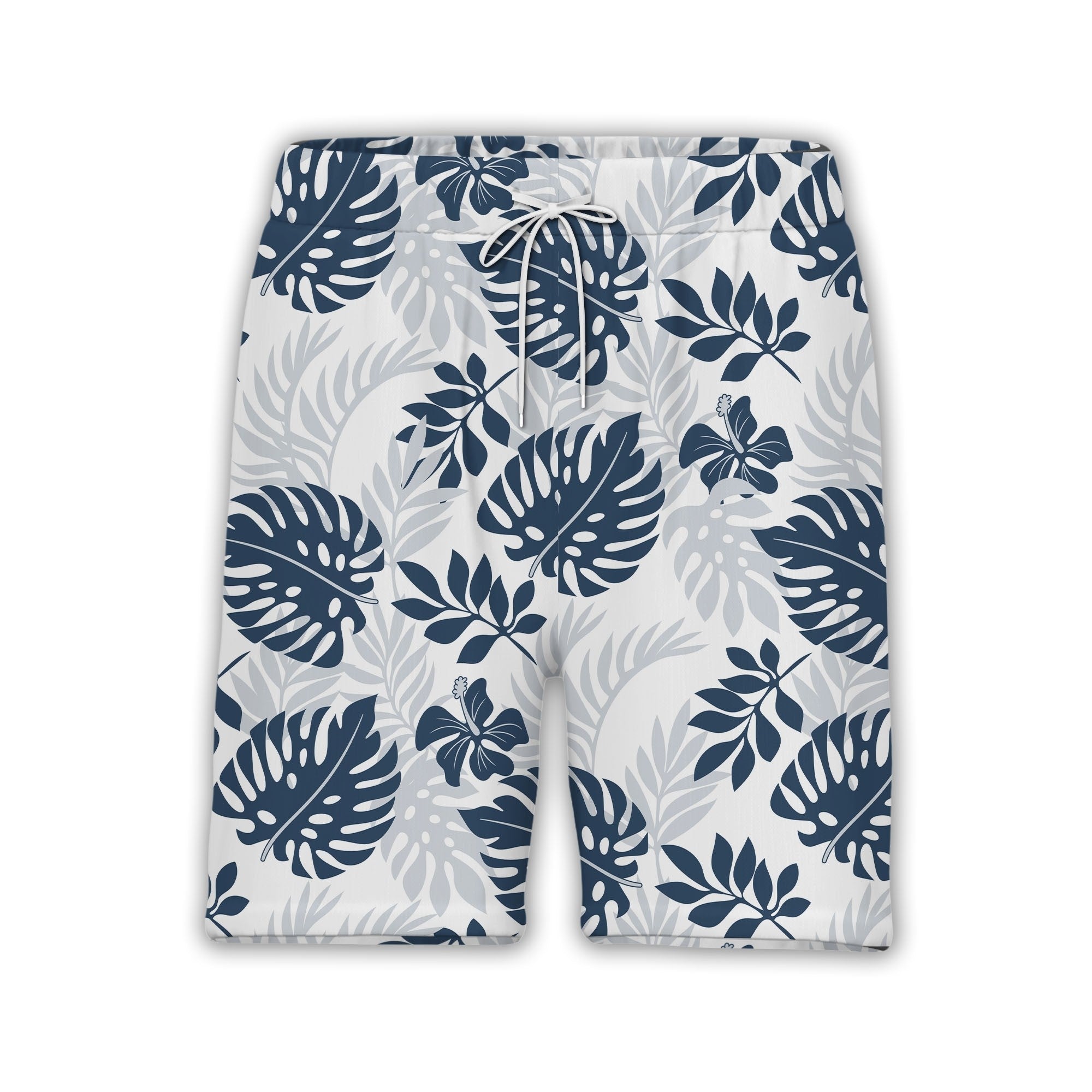 White Calm Elegant Monstera Hawaiian Shirt with Navy Blue Hibiscus Silhouettes