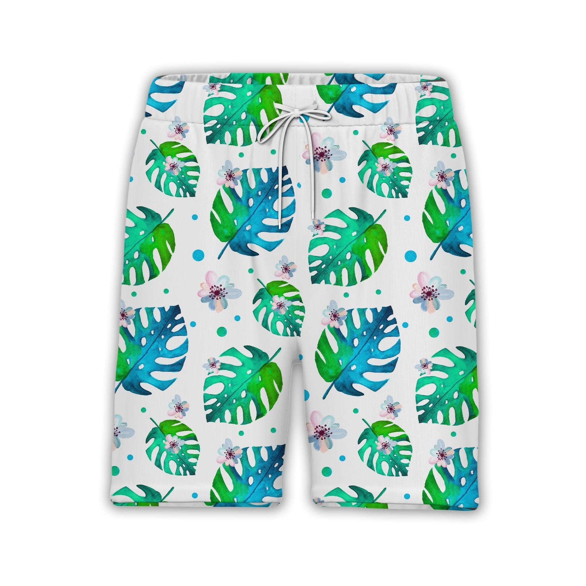 White Watercolor Monstera Hawaiian Shirt with Pink Blue Gradient Flowers